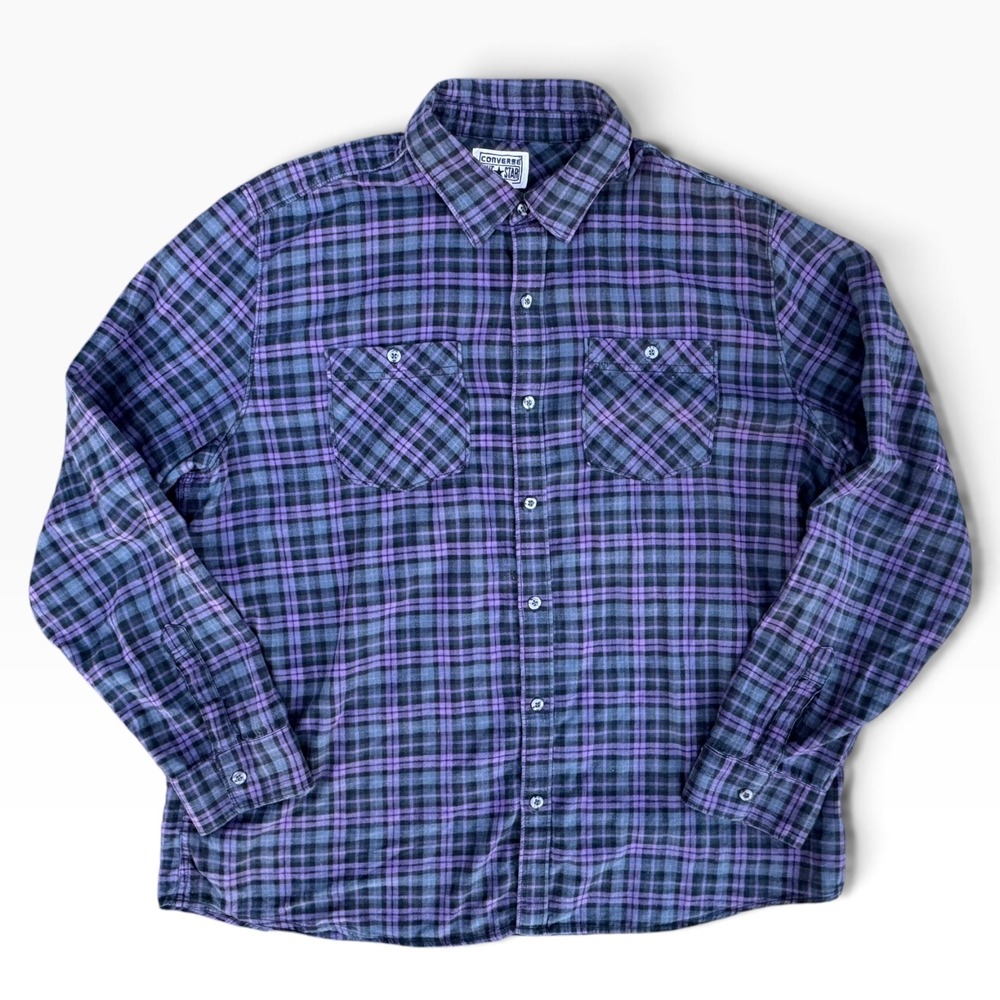 Converse One Star Mens XL Purple Black Plaid Flannel Button Down Shirt LS
